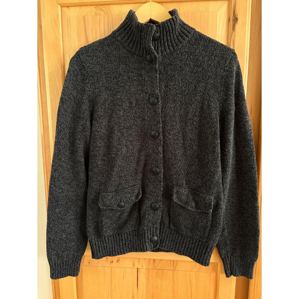 Lauren Ralph Lauren Gray Marl Cotton Mock Neck Button Front Cardigan Sweater L